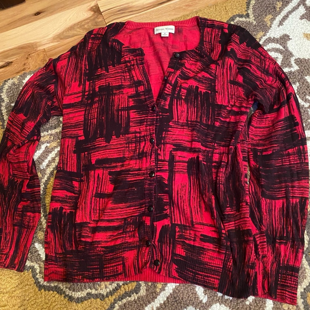 Studio Works Red & Black Long Sleeve Soft Button up Sweater